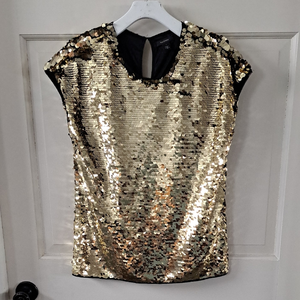 Halogen Gold Sequin Sleeveless Top Lined Stretchy Party Glam Festive Stylish